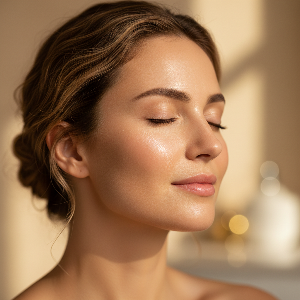 Western woman with glowing radiant skin after applying Superfood Oil Serum, luxury skincare editorial
