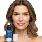 Western woman close-up portrait with firm glowing skin, Russell Organics Phyto-5 Peptide Serum beside her face — Glow Ritual

