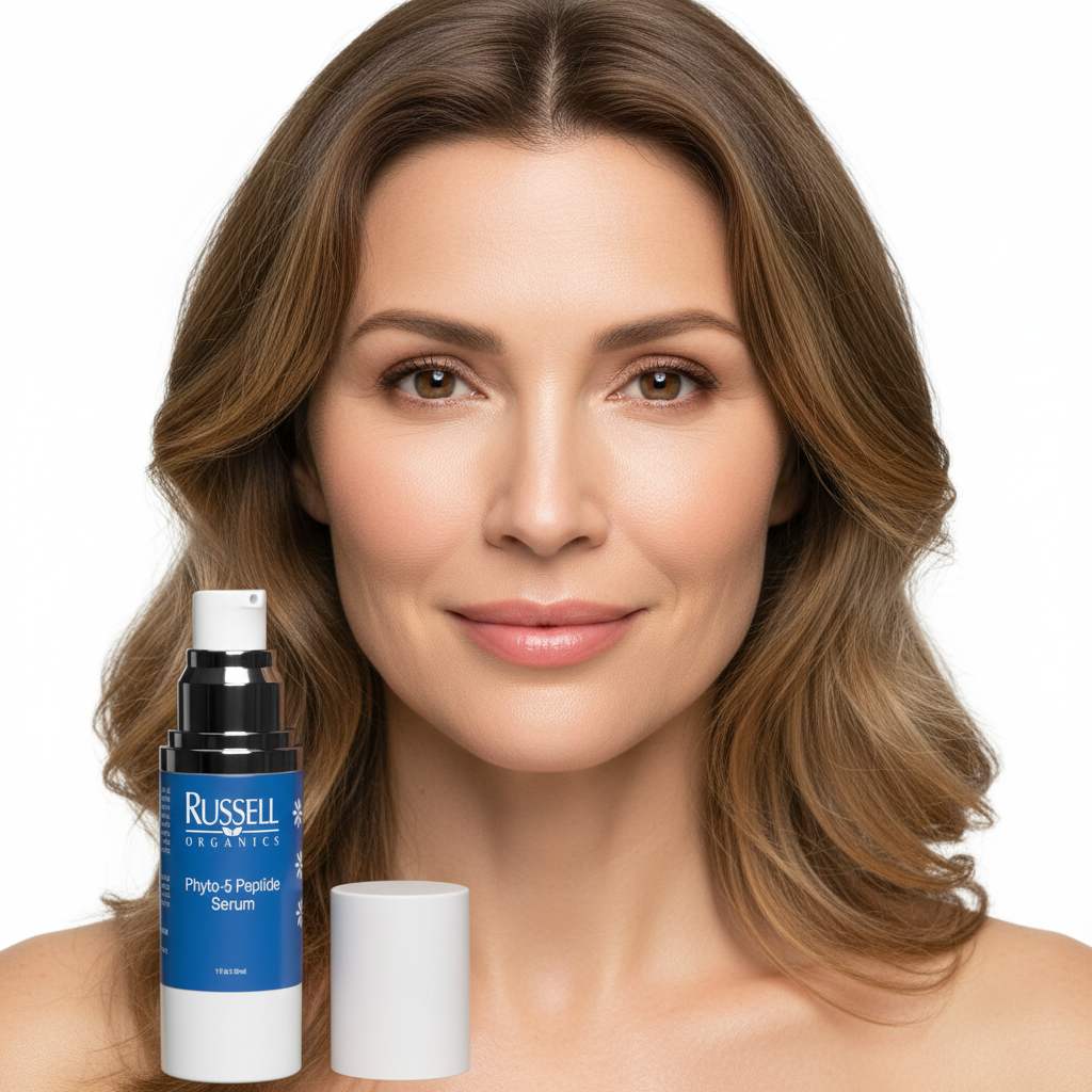 Western woman close-up portrait with firm glowing skin, Russell Organics Phyto-5 Peptide Serum beside her face — Glow Ritual
