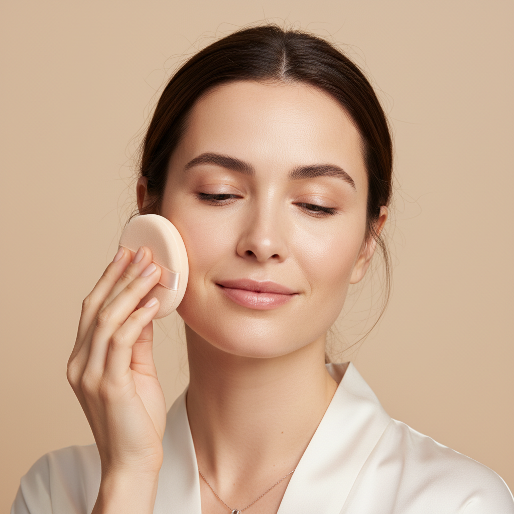 Western model blending TIRTIR Mini All Cover Pink Cushion foundation puff on face – beige studio background

