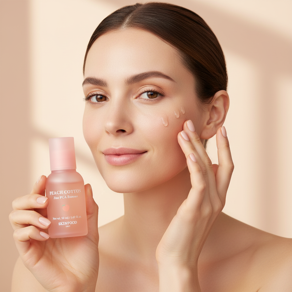 Caucasian woman applying SKINFOOD Peach Cotton Zinc PCA Essence to achieve clear poreless skin
