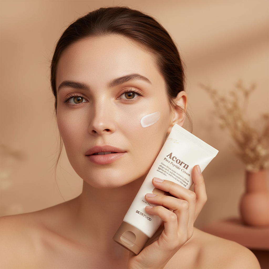 Caucasian woman applying SKINFOOD Acorn Pore Peptide Cream to refine pores and firm skin texture
