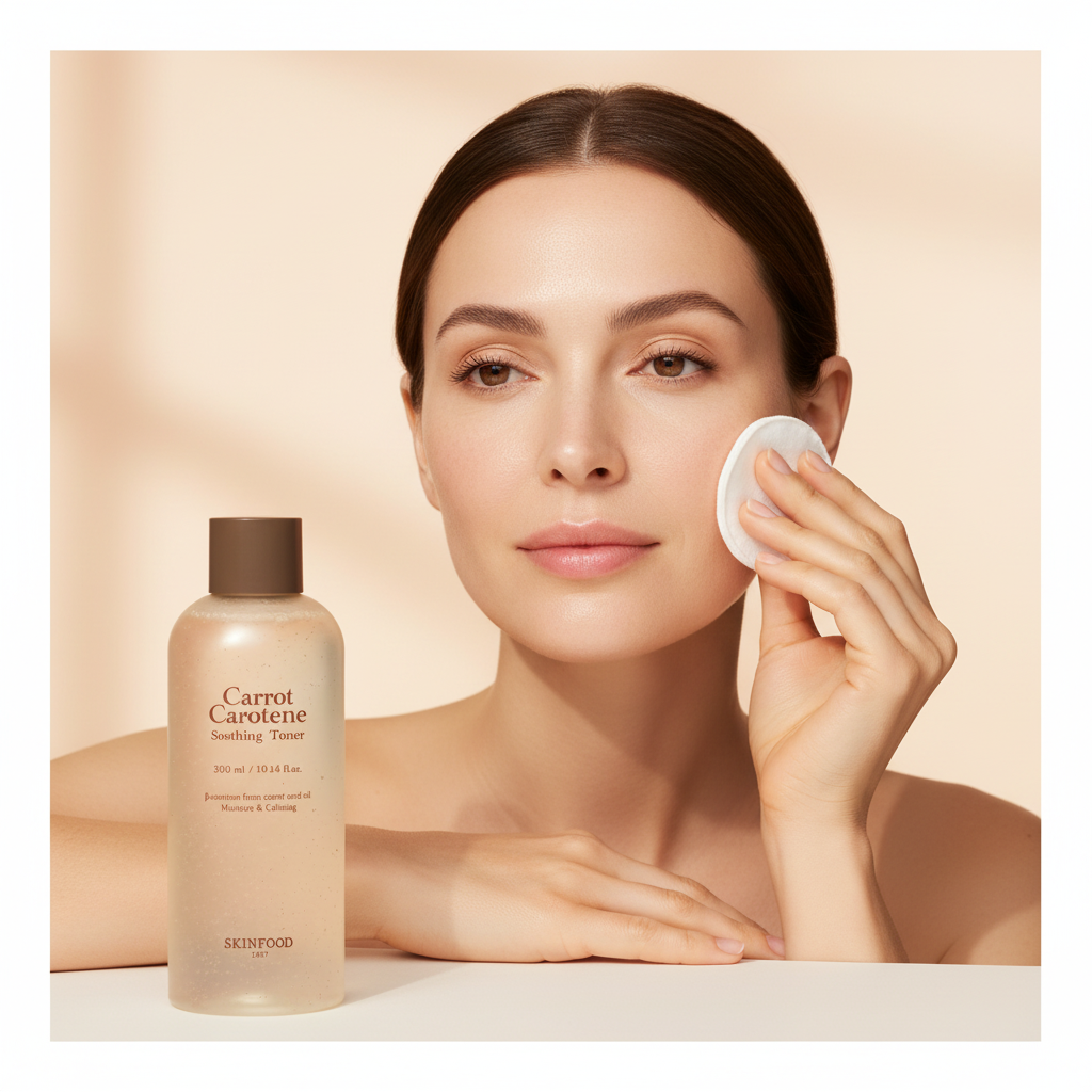 Caucasian woman applying SKINFOOD Carrot Carotene Soothing Toner with cotton pad to calm redness
