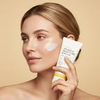 Caucasian woman with radiant hydrated skin applying SKINFOOD Royal Honey Moisture Cream from white tube
