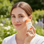 Caucasian woman applying SKINFOOD Carrot Carotene Airy Sun Stick onto face for matte no-white-cast sun care
