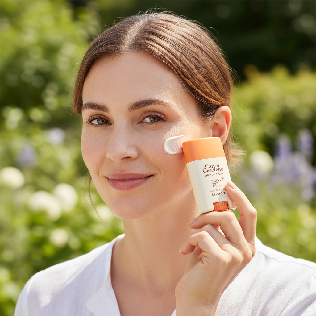 Caucasian woman applying SKINFOOD Carrot Carotene Airy Sun Stick onto face for matte no-white-cast sun care
