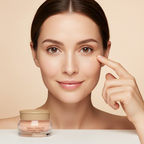Caucasian woman applying SKINFOOD Salmon Dark Circle Concealer Cream under eye to hide dark circles and brighten
