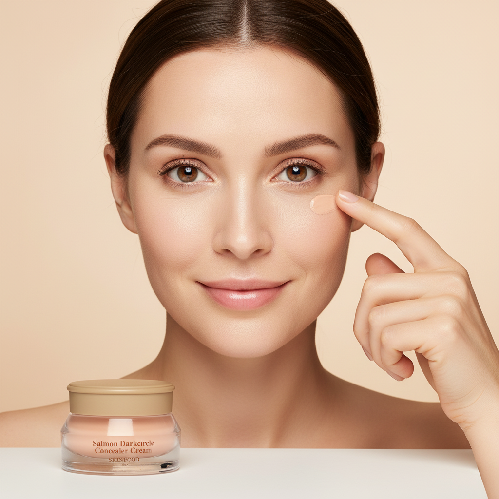 Caucasian woman applying SKINFOOD Salmon Dark Circle Concealer Cream under eye to hide dark circles and brighten
