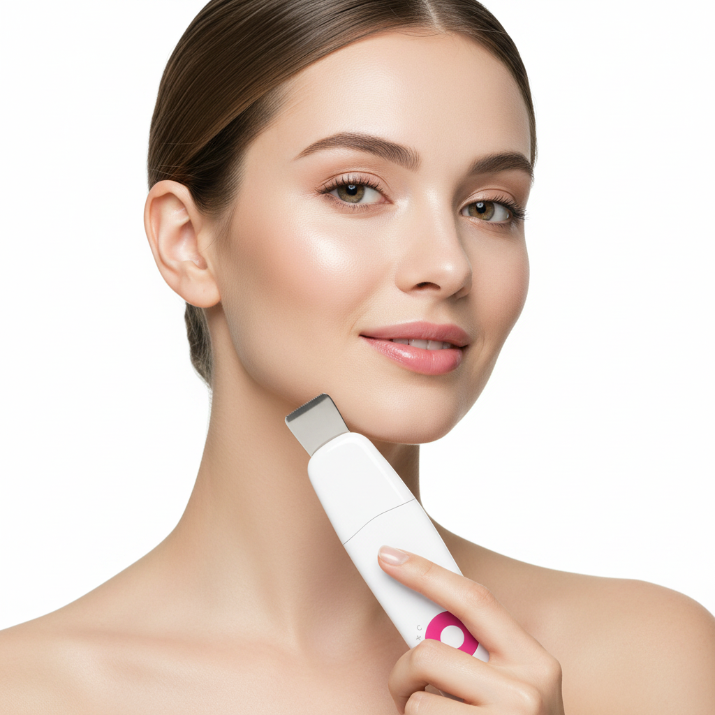 Caucasian woman using a white ultrasonic skin scrubber on her chin area, hot pink circular button visible, minimalist white background, beauty editorial style
