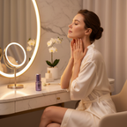 Western woman at vanity applying BIO HEAL BOH PROBIODERM™ Collagen Remodeling Serum to neck and jawline – premium anti-aging skincare routine
