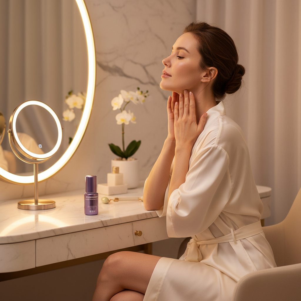 Western woman at vanity applying BIO HEAL BOH PROBIODERM™ Collagen Remodeling Serum to neck and jawline – premium anti-aging skincare routine
