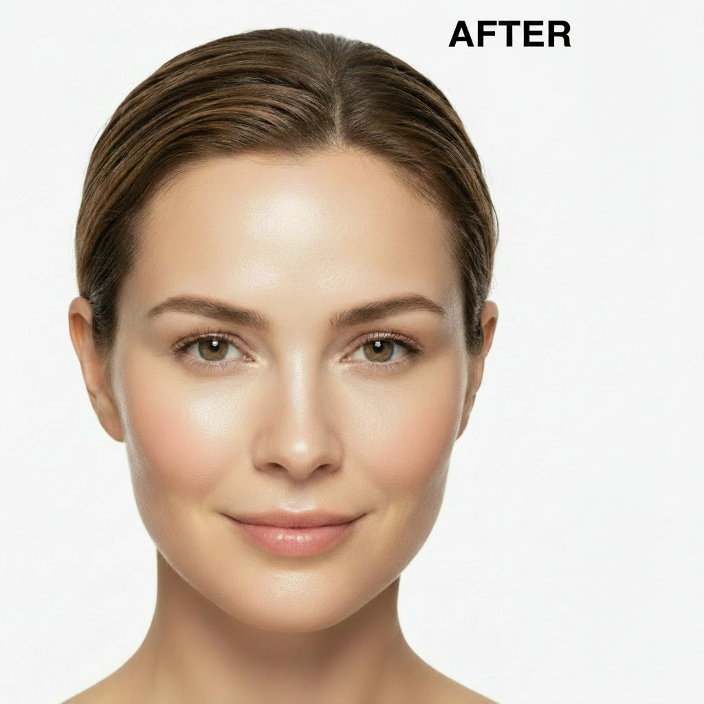 COSRX Snail Mucin Glass Glow Hydrogel Mask AFTER – Western model with glowing radiant skin after snail mucin hydrogel mask K-beauty treatment
