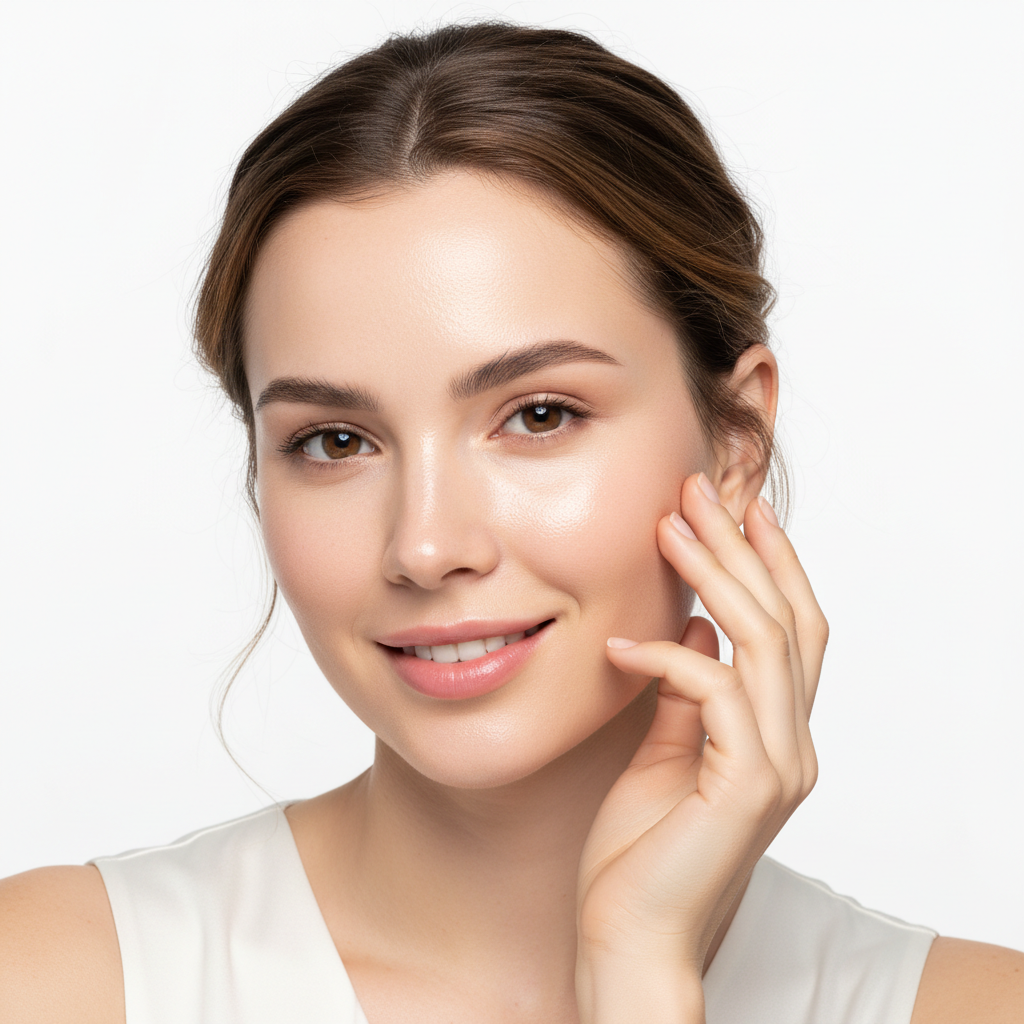 After using SKINFOOD Yuja C Serum — Western woman with visibly brighter, even-toned glowing skin
