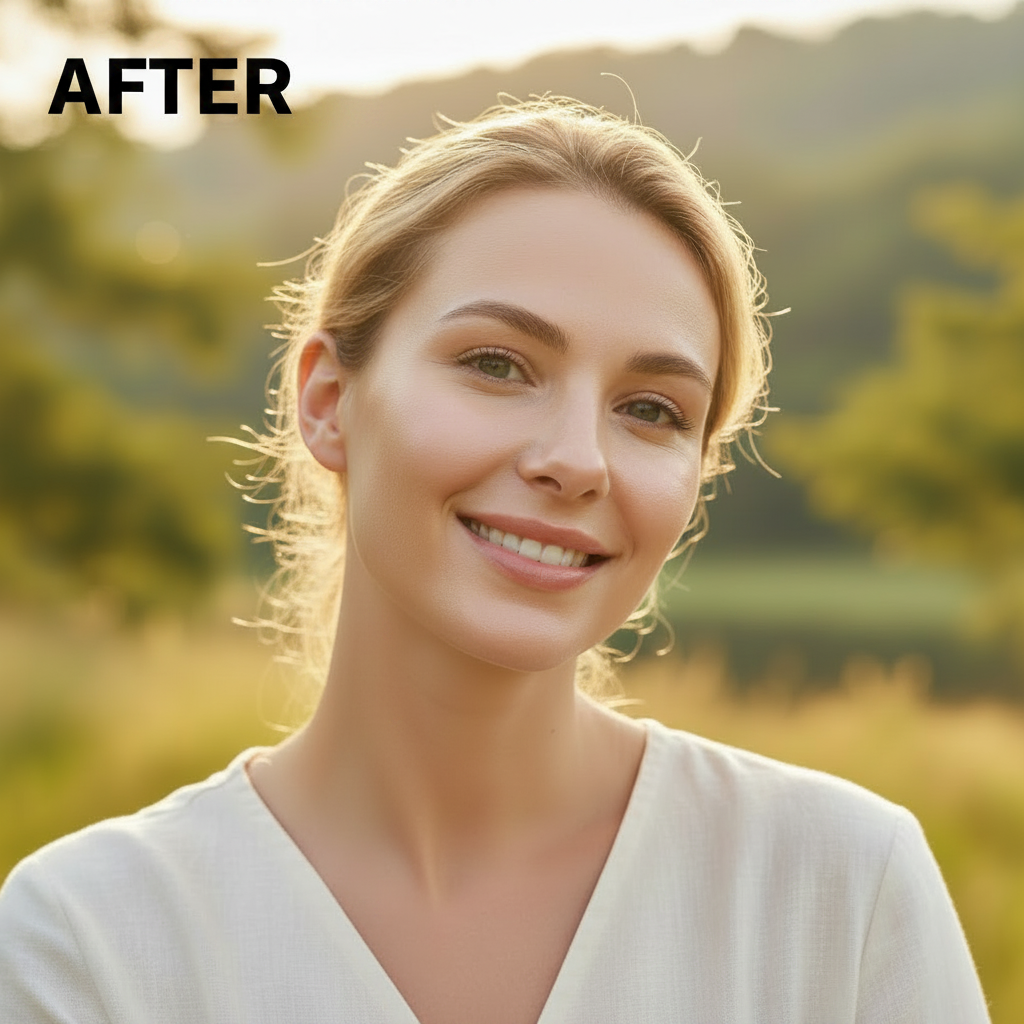 AFTER - Western woman with radiant glowing skin after applying Beauty of Joseon Relief Sun Rice + Probiotics SPF50+ sunscreen
