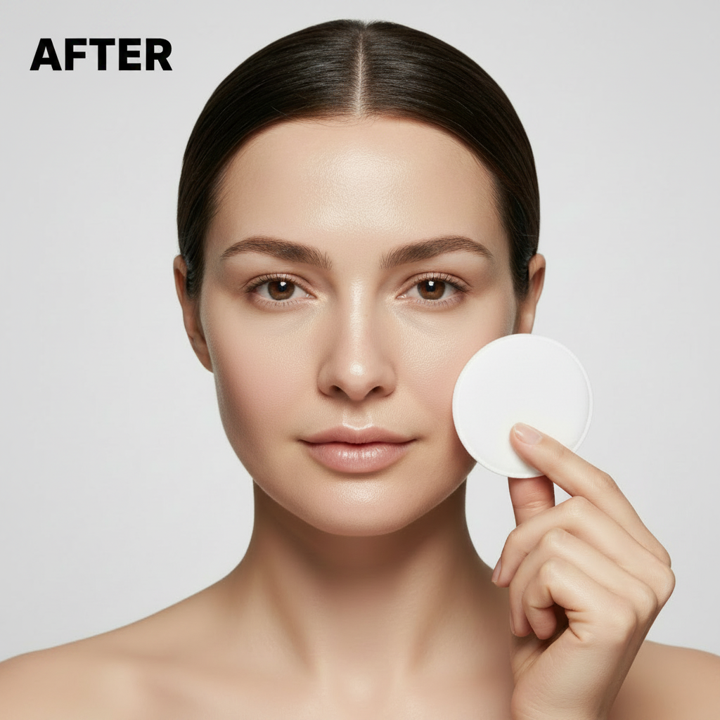 Western model after using Medicube Zero Pore Pad showing clear glowing refined pore skin result
