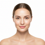 Western woman with radiant dewy glowing skin after I'm From Rice Sheet Mask, confident soft smile, front-facing portrait, luminous even complexion, no makeup, premium K-beauty skincare after result
