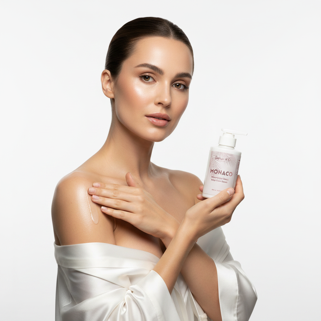 Woman applying Monaco Body Glow Serum to skin — aloe vera and sunflower oil body serum routine
