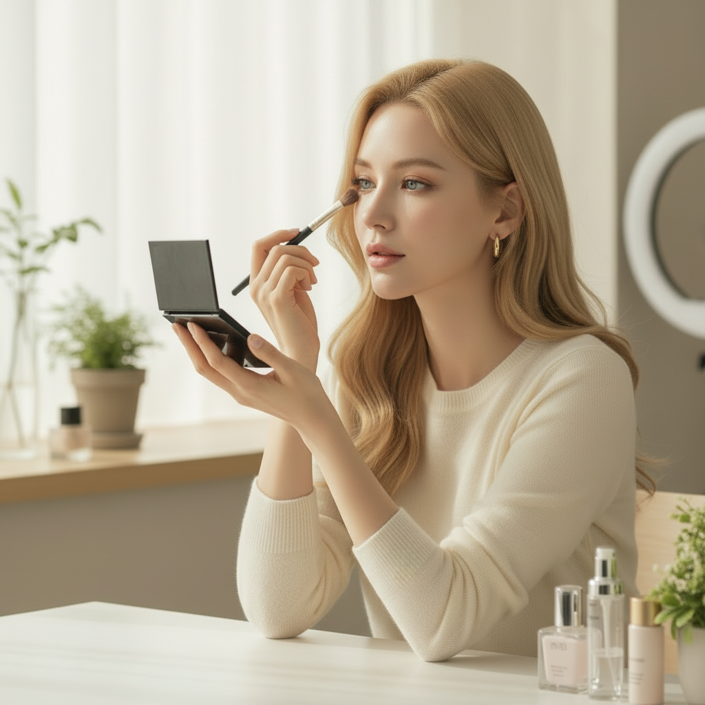 Rom&nd Better Than Palette – western model applying eyeshadow at vanity


