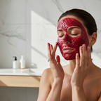 Woman applying fytt GAIN STRENGTH superfruit exfoliating mask to face — skincare routine
