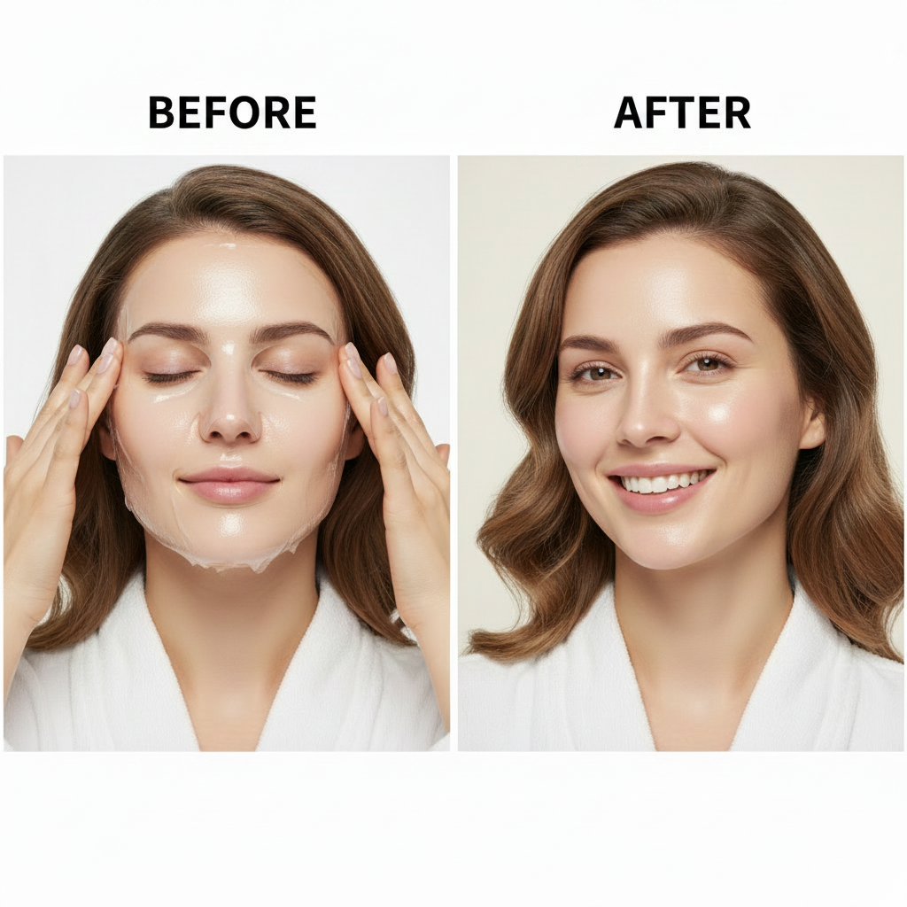 Round Lab Camellia Deep Collagen V-Lifting Gel Mask – western model before and after firming lifting result
