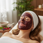 Before — woman with GAIN STRENGTH berry exfoliating mask applied on face, spa ritual
