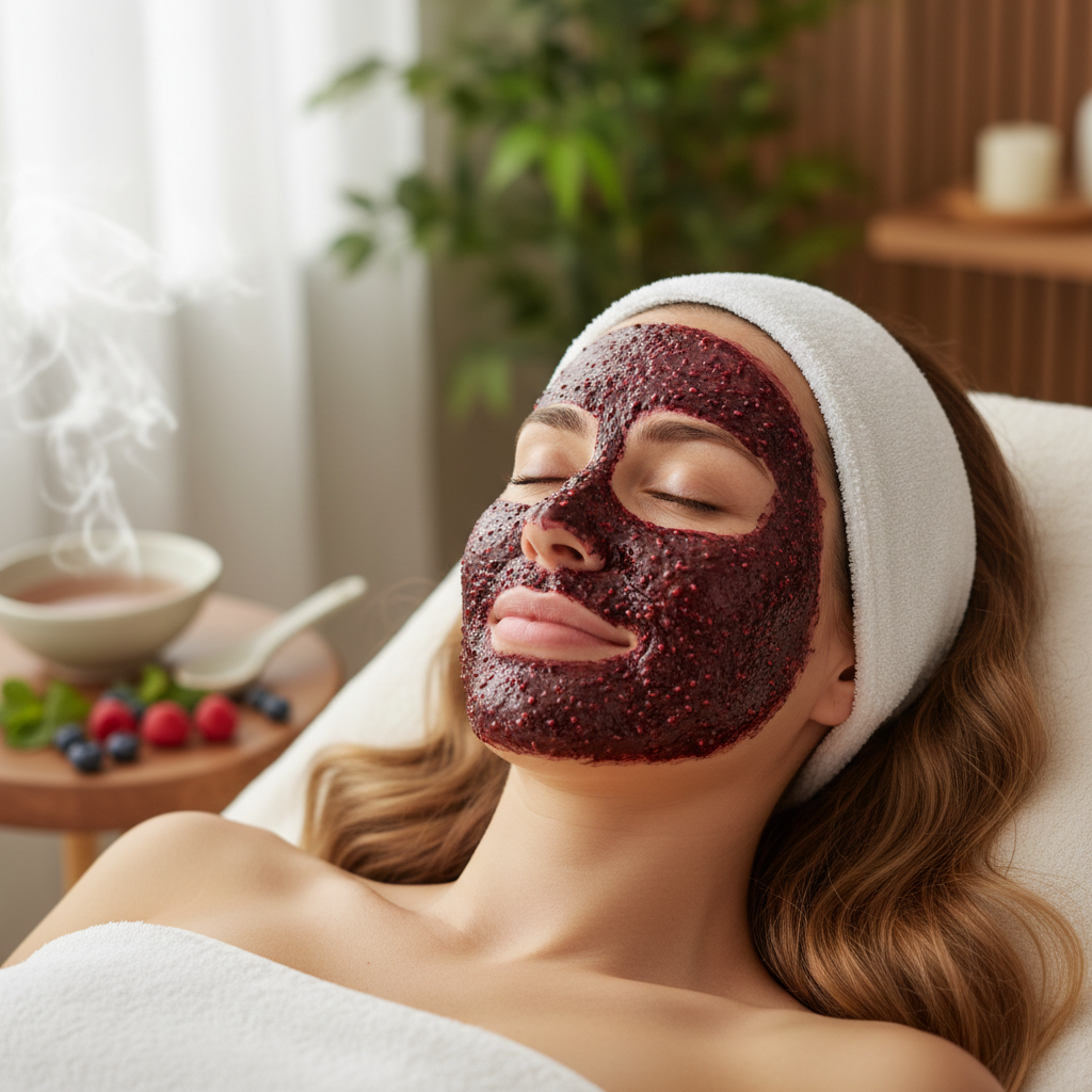 Before — woman with GAIN STRENGTH berry exfoliating mask applied on face, spa ritual
