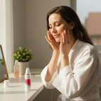 Western woman sitting at wooden vanity table with Superfood Oil Serum bottle, naturally patting face oil onto skin
