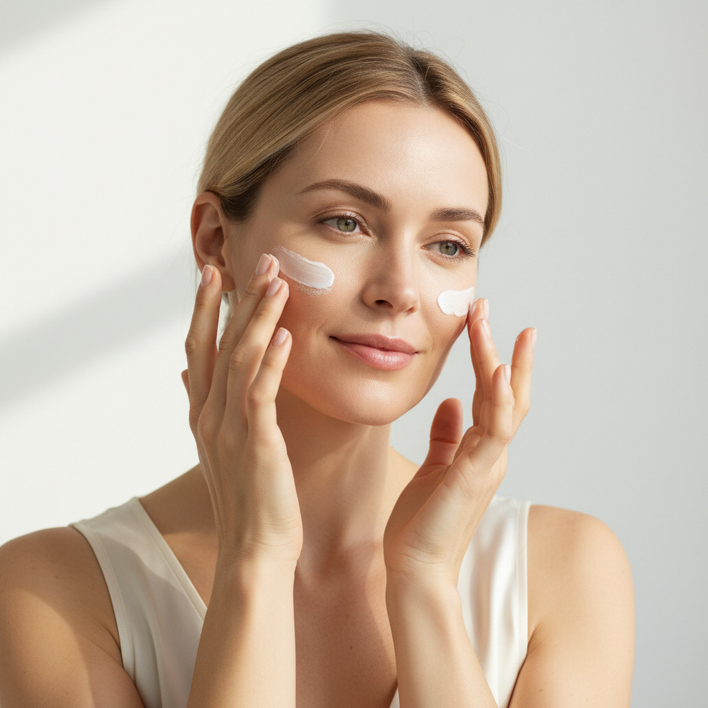 MEDICUBE Collagen Framing Sun Cream 50ml – Western model applying collagen sun cream onto face for firming SPF protection and radiant skin finish
