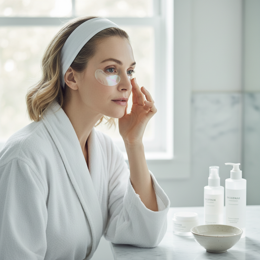Woman applying Beauty of Joseon Revive Under Eye Patch hydrogel ginseng retinal eye patches skincare routine
