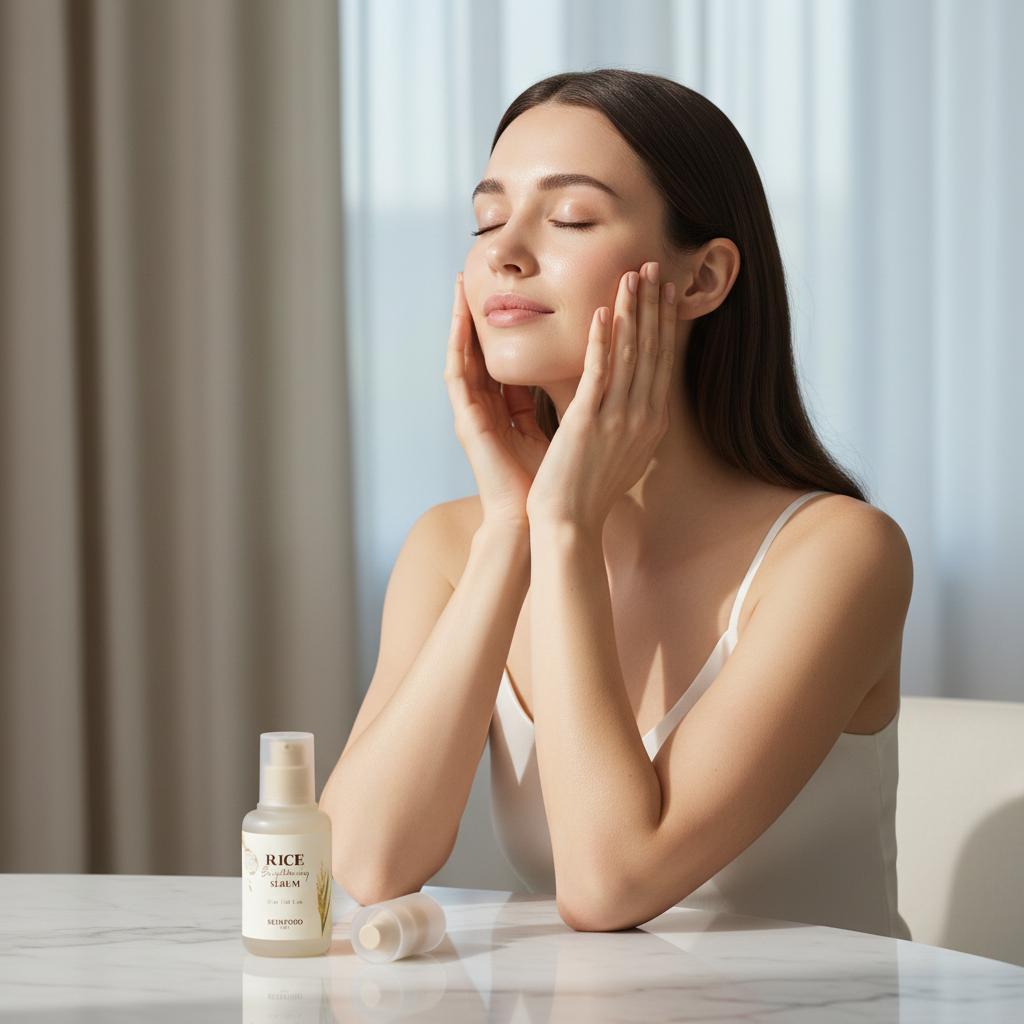 Western woman pressing both palms onto face in K-beauty hand press technique with SKINFOOD Rice Brightening Serum on vanity table
