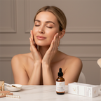Western woman pressing both palms onto face in K-beauty hand press technique, Vitamin C serum bottle open on marble vanity table, radiant glowing skin
