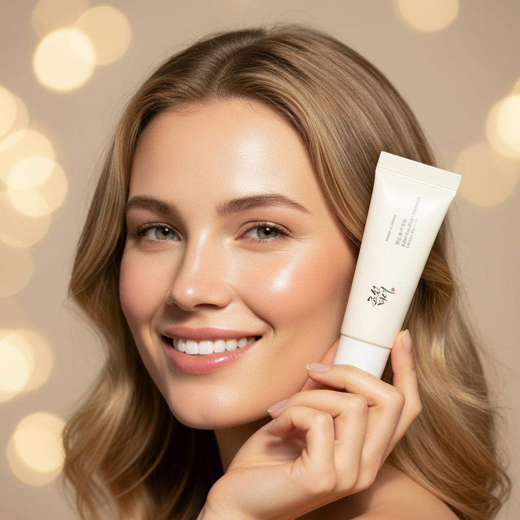 Western woman holding Beauty of Joseon Relief Sun Rice + Probiotics SPF50+ sunscreen tube, smiling with glowing skin
