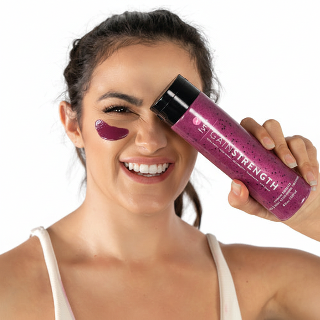 Woman holding fytt GAIN STRENGTH exfoliating mask bottle with berry mask applied under eye
