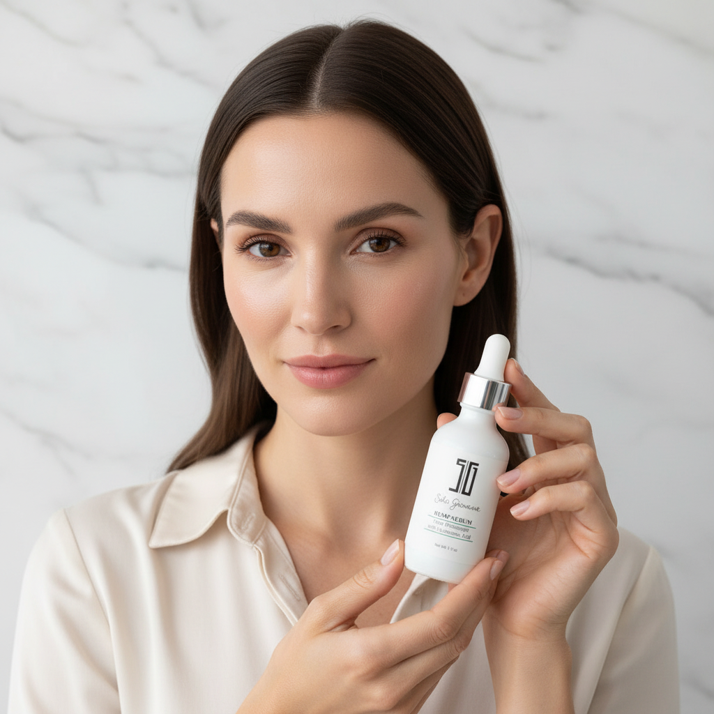 Western woman presenting SG Hemp Serum bottle with both hands, clean white background — Glow Ritual
