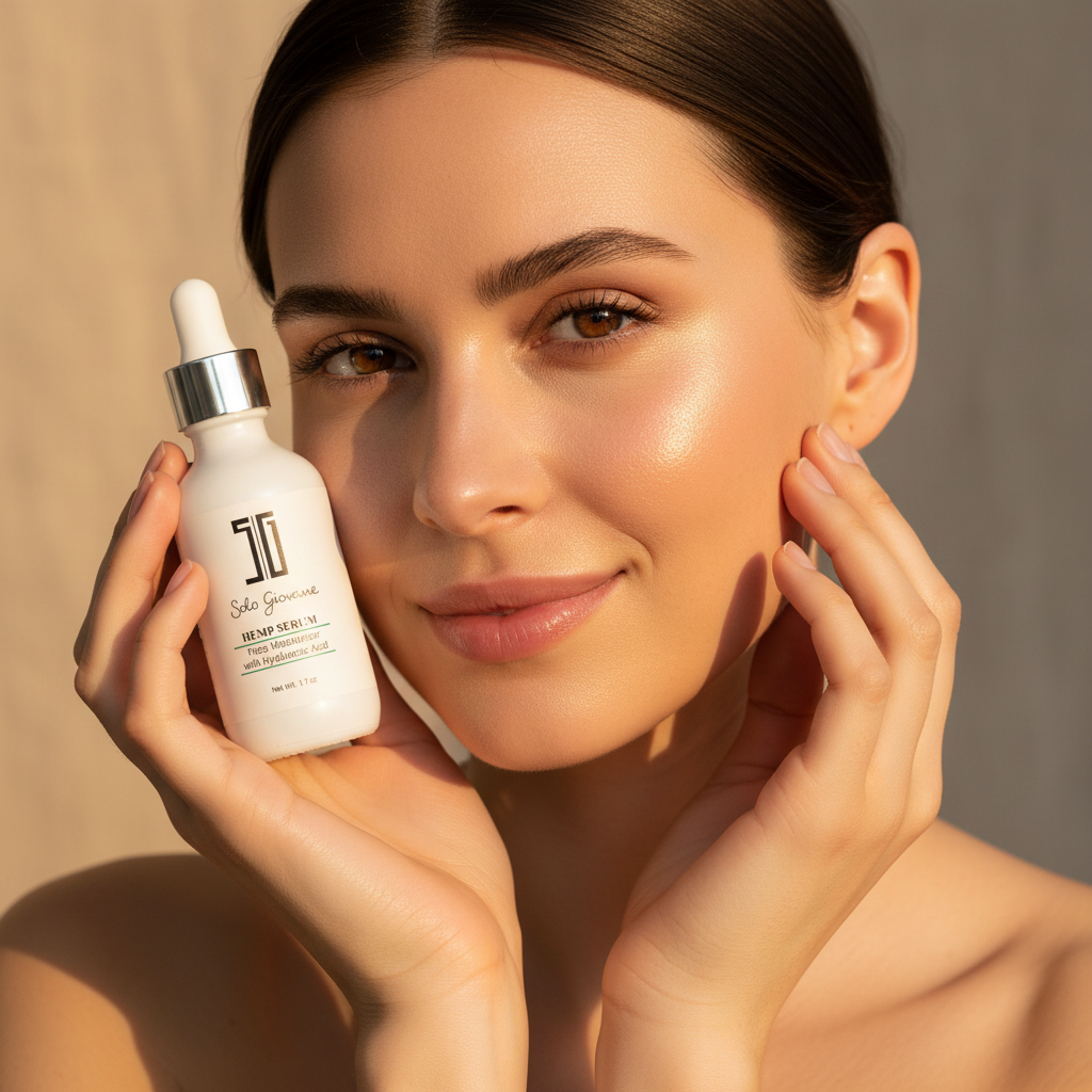 Western woman holding SG Hemp Serum dropper bottle with both hands, premium skincare lifestyle — Glow Ritual
