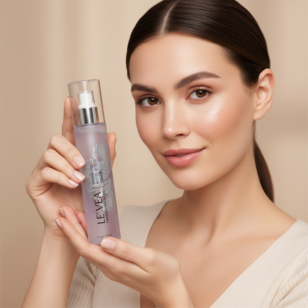 Western woman holding LE'VEA Phyto-Repair Toner bottle with both hands, premium skincare lifestyle — Glow Ritual

