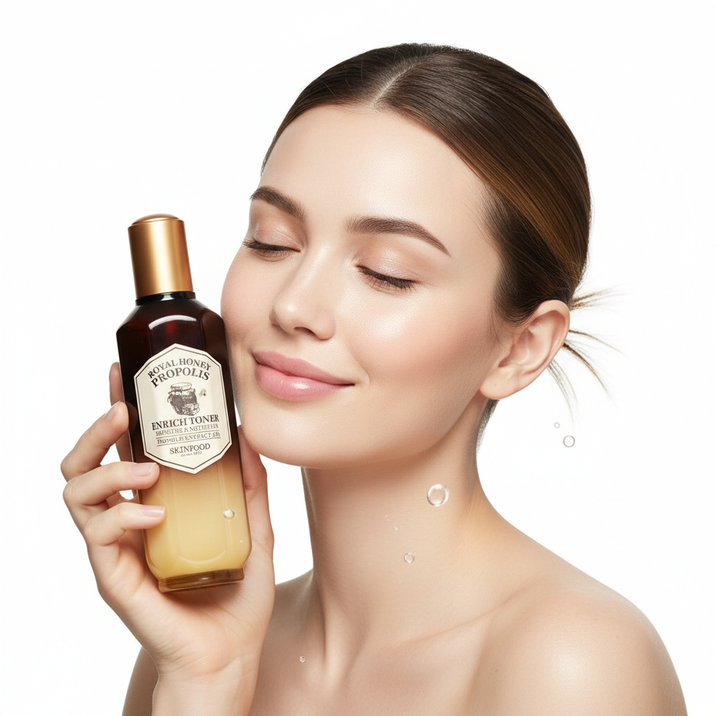 Western woman holding SKINFOOD Royal Honey Propolis Enrich Toner 160ml — Korean nourishing toner
