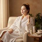 Western woman sitting comfortably with white sheet mask on face, eyes closed relaxing in K-beauty self-care moment, wearing cozy white robe, soft warm studio lighting, I'm From Rice Sheet Mask ritual
