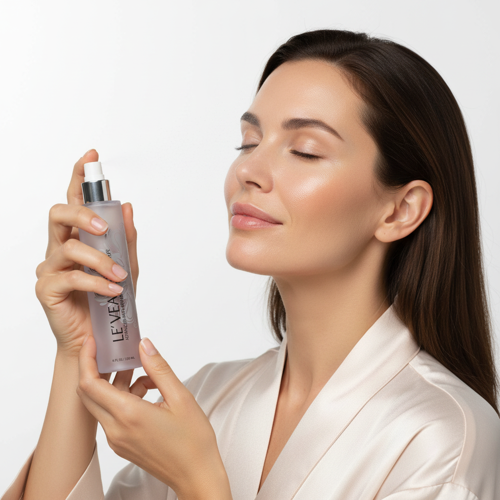 Western woman spraying LE'VEA Phyto-Repair Toner onto face, hydrating skincare routine — Glow Ritual
