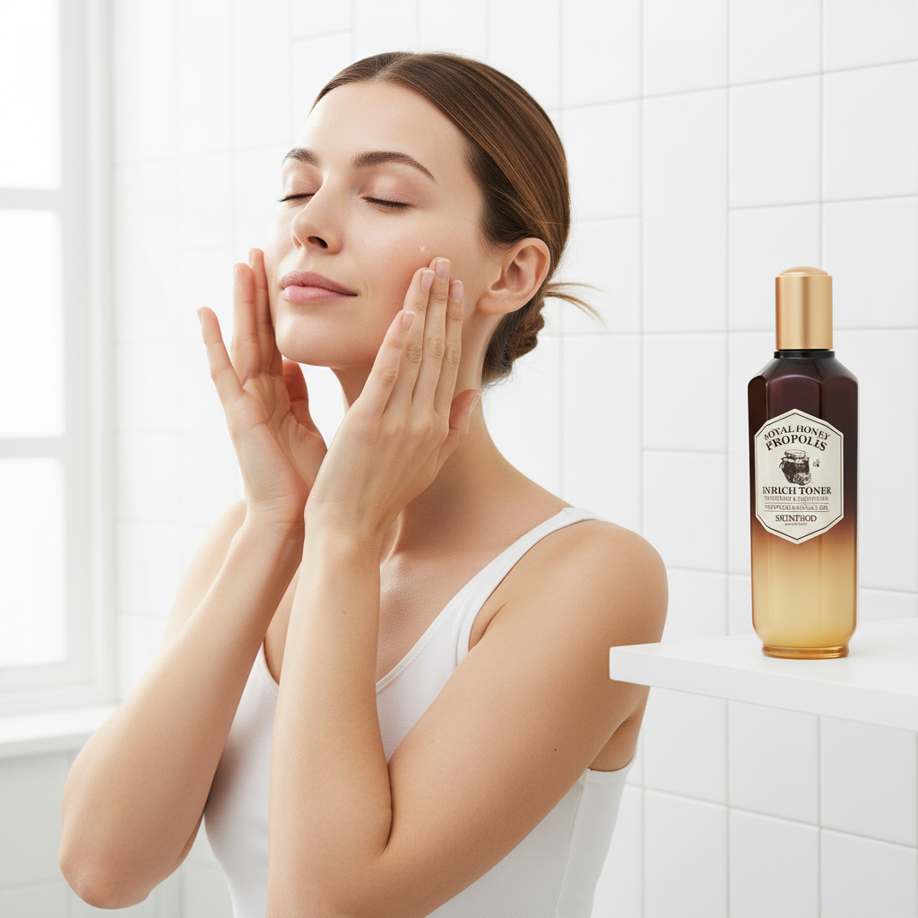 Western woman applying SKINFOOD Royal Honey Propolis toner to face — daily skincare routine
