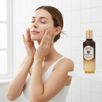Western woman applying SKINFOOD Royal Honey Propolis toner to face — daily skincare routine
