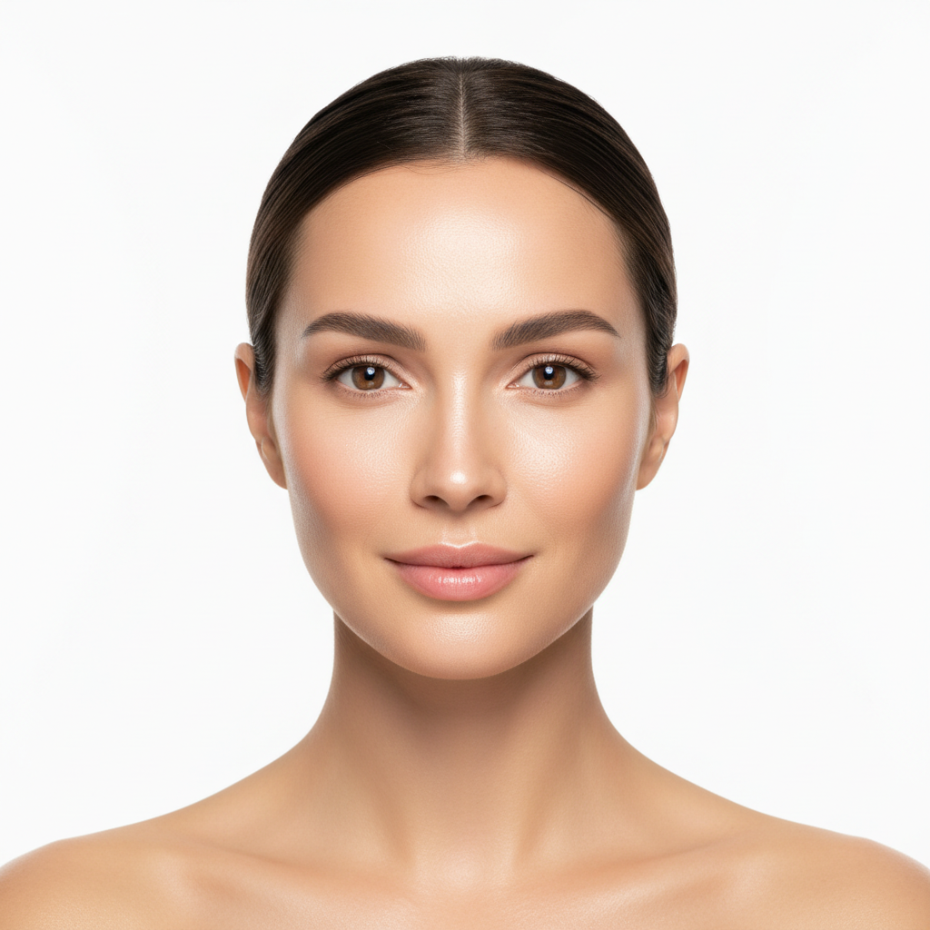 Western woman with firm radiant glowing skin looking at camera, premium K-beauty skincare result after using firming booster serum
