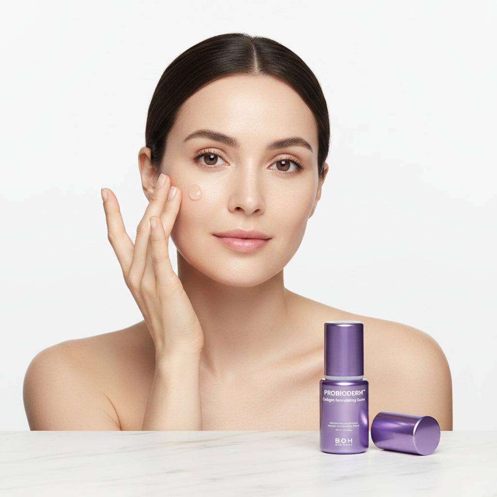 Western woman applying BIO HEAL BOH PROBIODERM™ Collagen Remodeling Serum to face – Korean firming serum for wrinkle reduction and skin density
