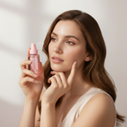 Western woman holding Biodance Collagen Peptide Jelly Serum Mist bottle with nozzle visible, glowing skin

