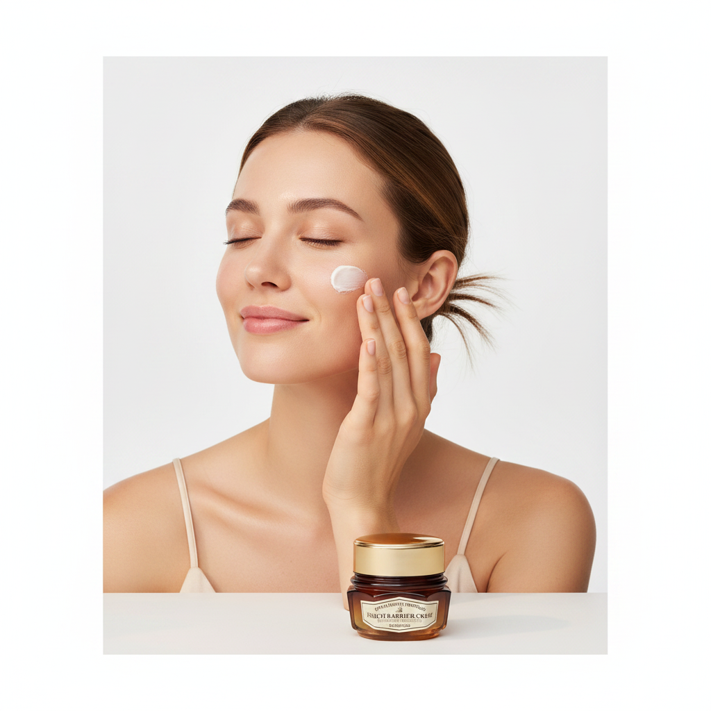 Western woman patting SKINFOOD Royal Honey Propolis Barrier Cream onto glowing skin
