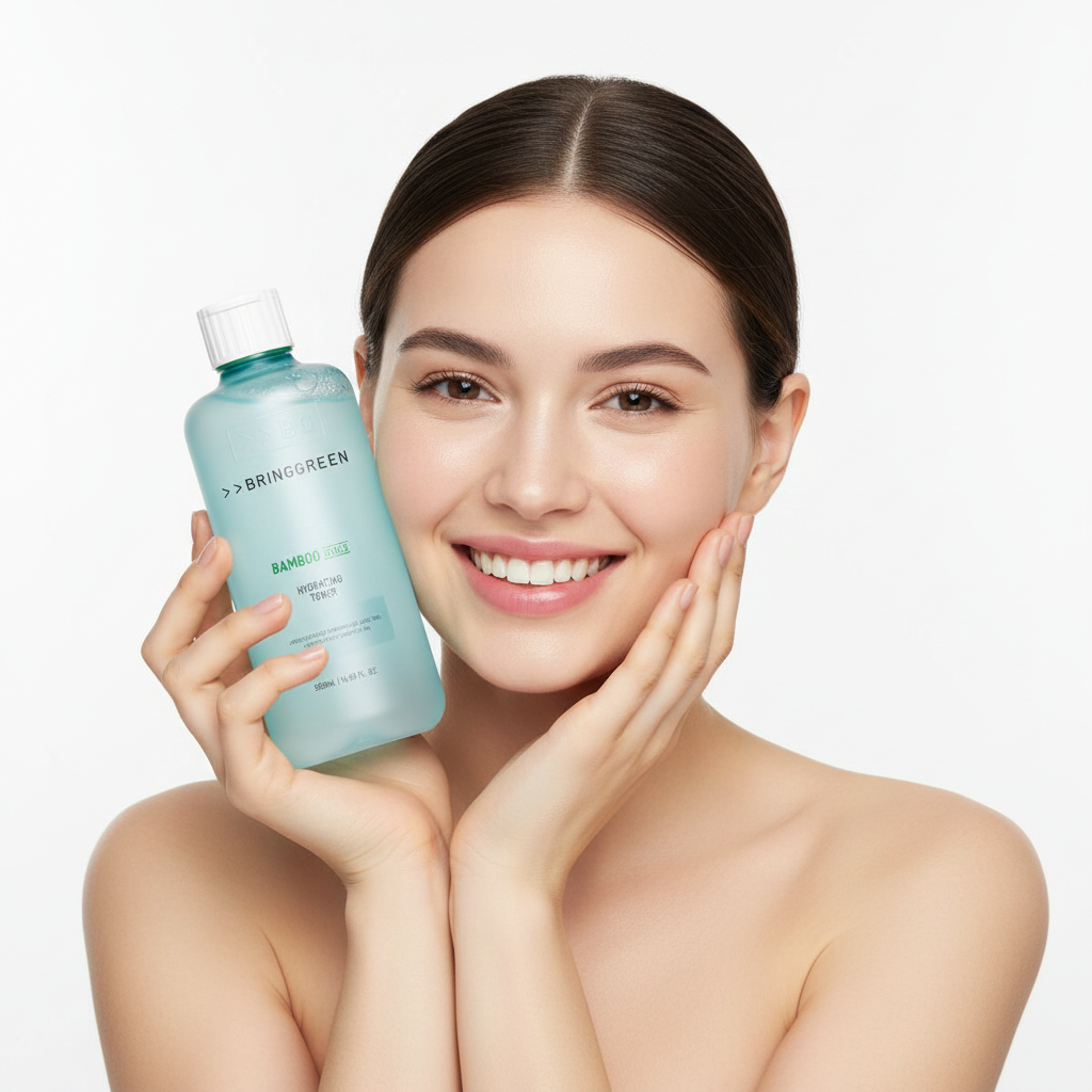 Western woman holding BRINGGREEN Bamboo Hyalu Hydrating Toner aqua blue bottle, K-beauty editorial
