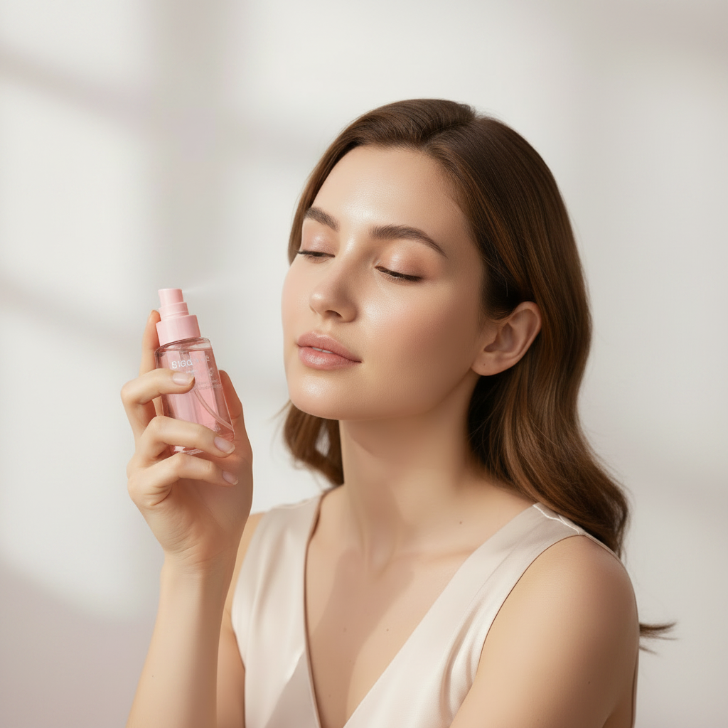 Western woman spraying Biodance Collagen Peptide Jelly Serum Mist onto face with eyes closed, serene expression
