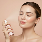 Western model misting TIRTIR Mask Fit Make-Up Fixer Peach setting spray onto face, peachy beige background

