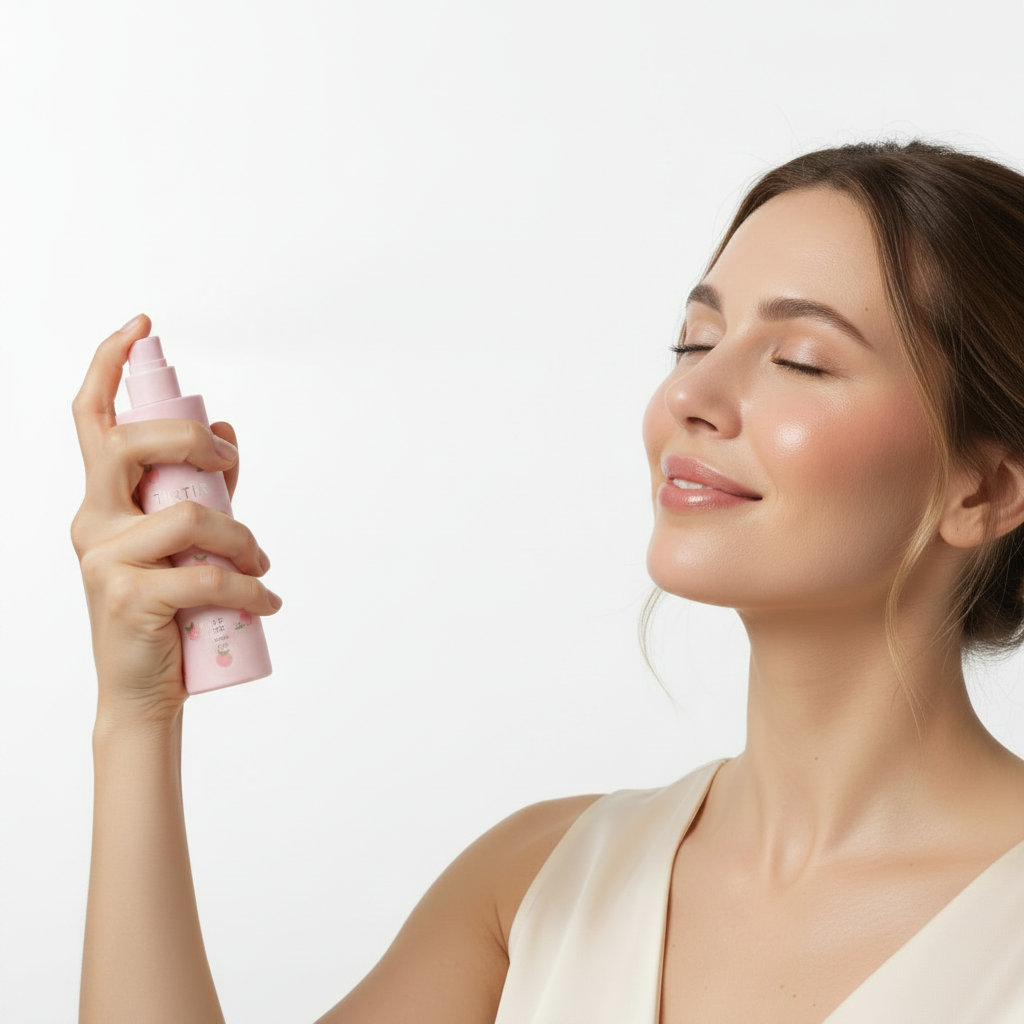 Western model spraying TIRTIR Mask Fit Make-Up Fixer Peach setting spray toward face, white background lifestyle
