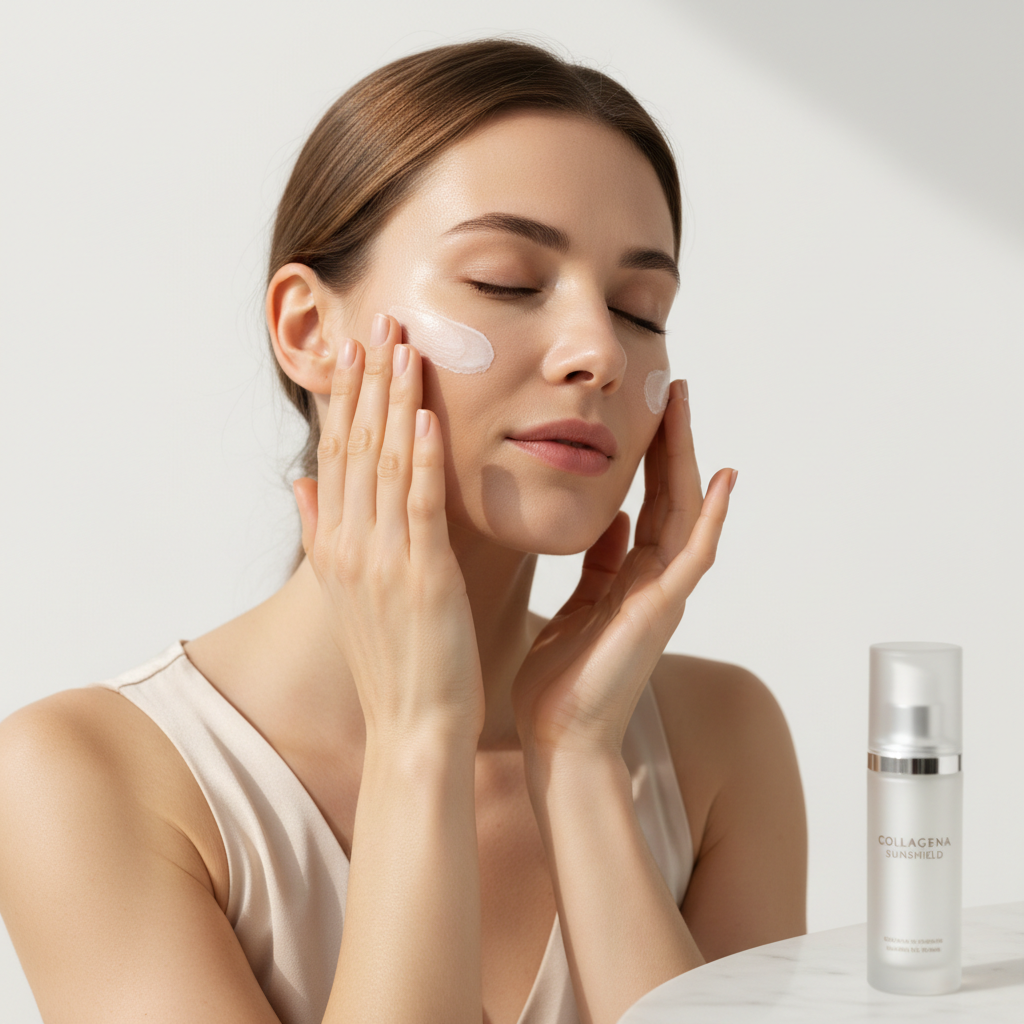 MEDICUBE Collagen Framing Sun Cream 50ml – Western model BEFORE applying firming collagen sunscreen for broad-spectrum SPF protection and anti-aging skincare

